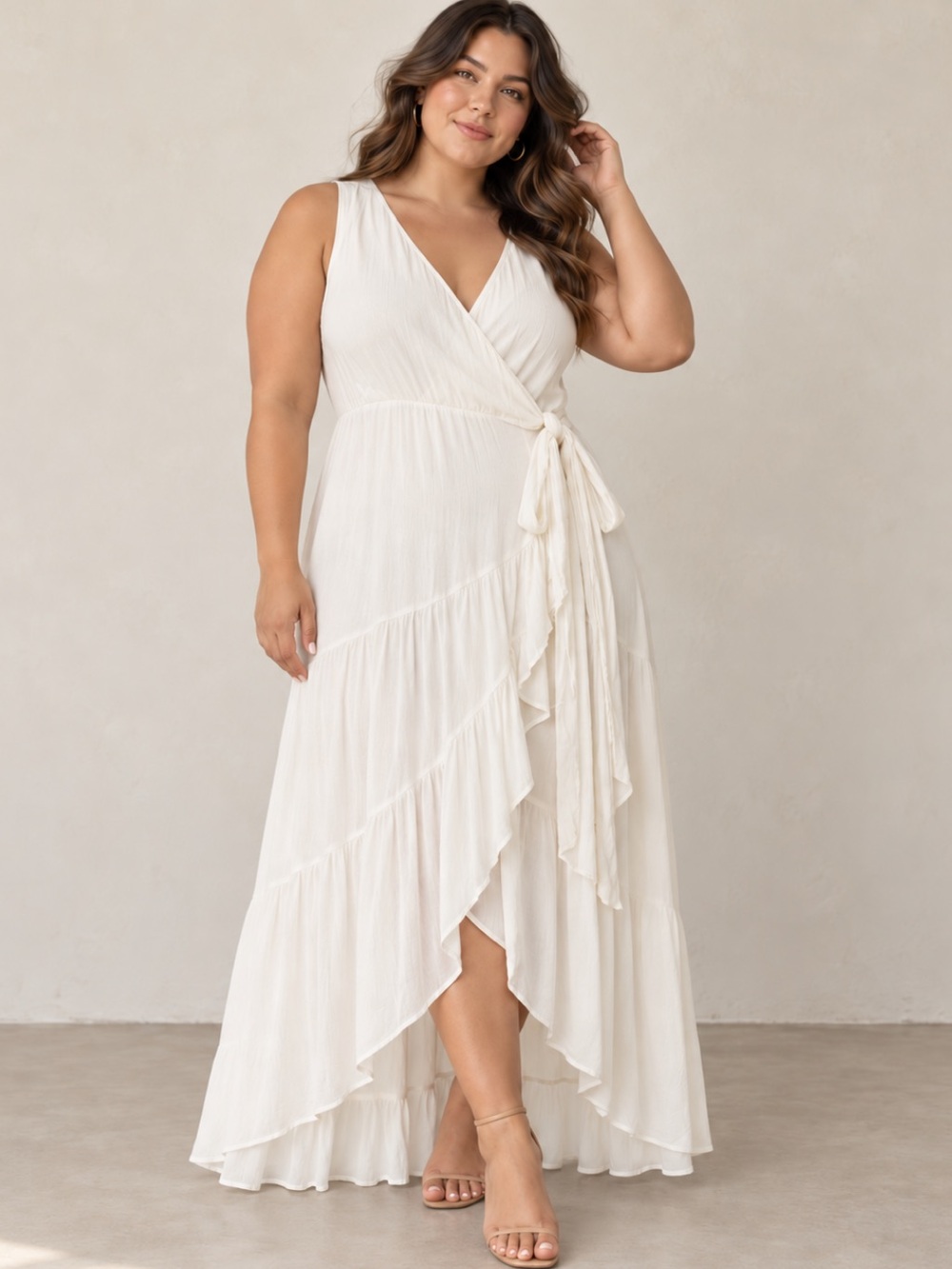 City Chic Woven Crepe Surplice V-Neck Tiered Wrap Midi Dress White 14